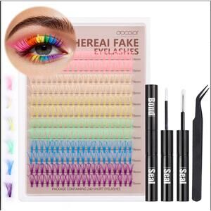 Rainbow Colored Fake Eyelashes Kit 240PCS Lash Extension Set Reusable